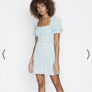 NWT Faithfull the Brand Donna Mini Dress Tilde Floral Large White Blue Green